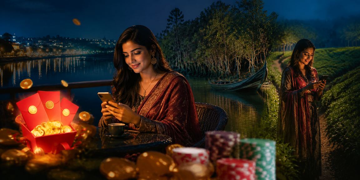 355 bet বোনাস অফার — সুন্দরবনের পটভূমিতে লাল খাম ও চা বাগানের দৃশ্য
